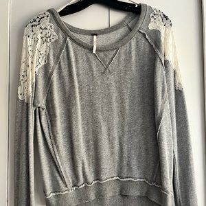 Free People Grey Sweatshirt / Pullover with Lace Shoulders - Size Small